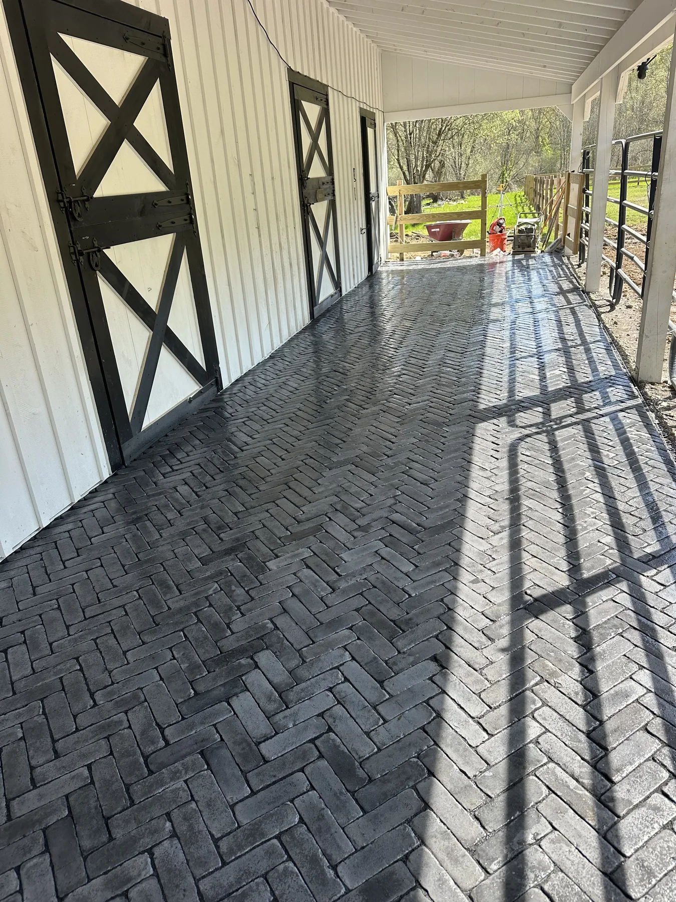 Detailed view of the finished herringbone paver installation