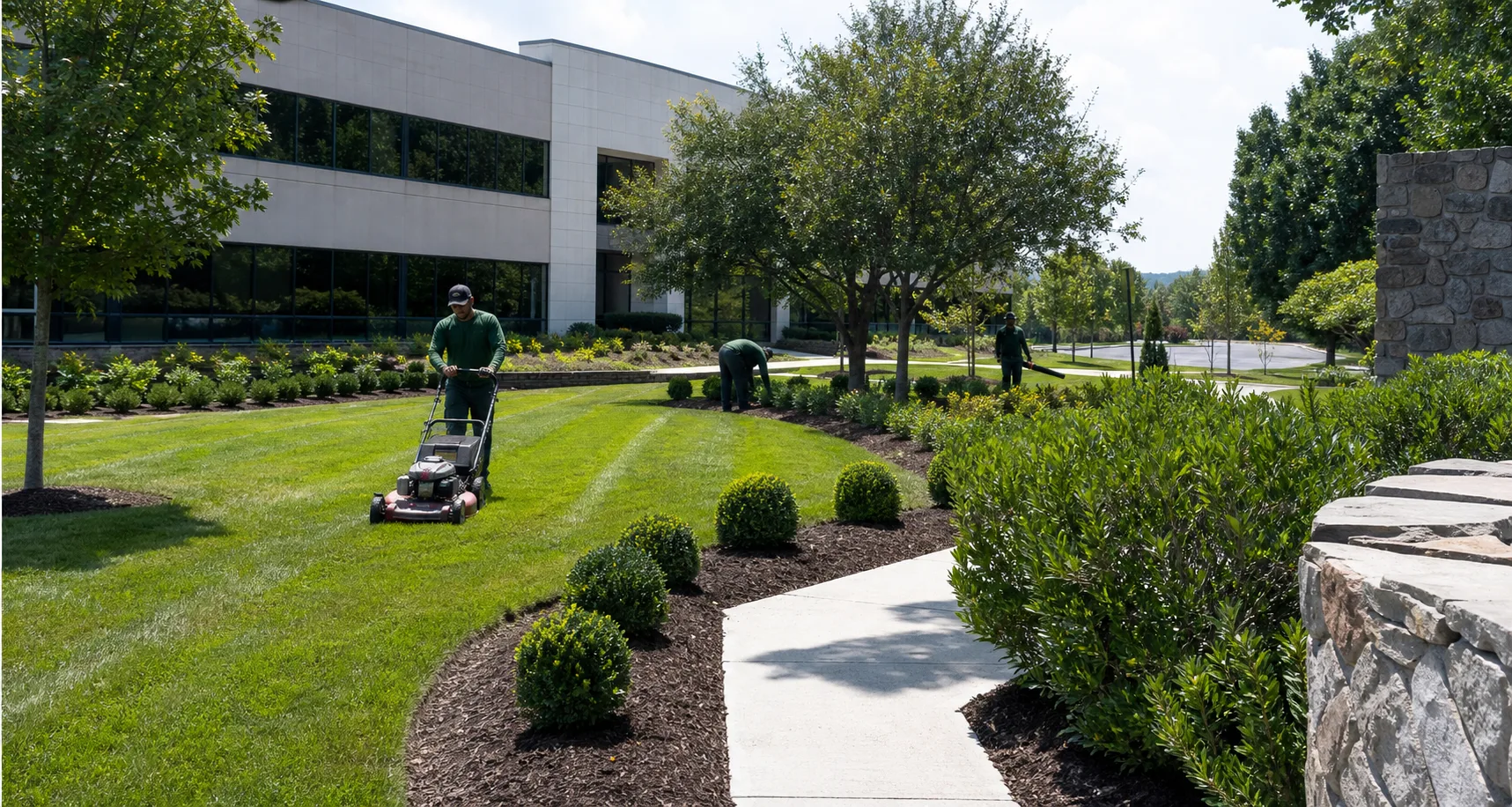 Commercial landscaping crew maintaining an office property