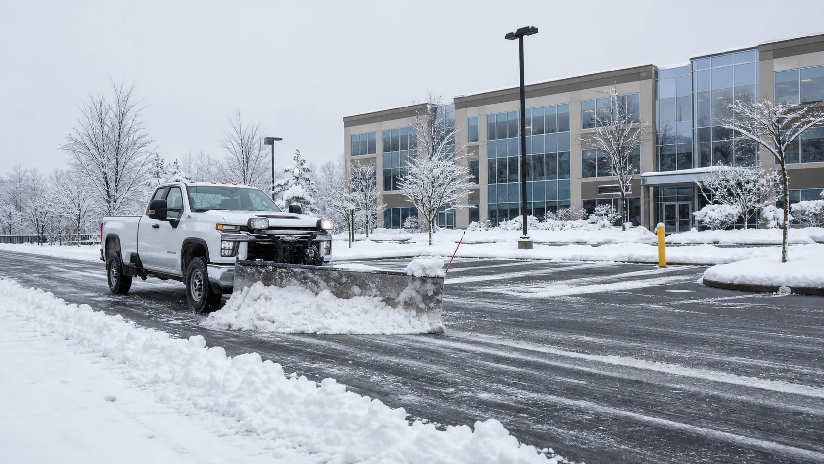 Commercial snowplow clearing a New York office parking lot after a winter storm