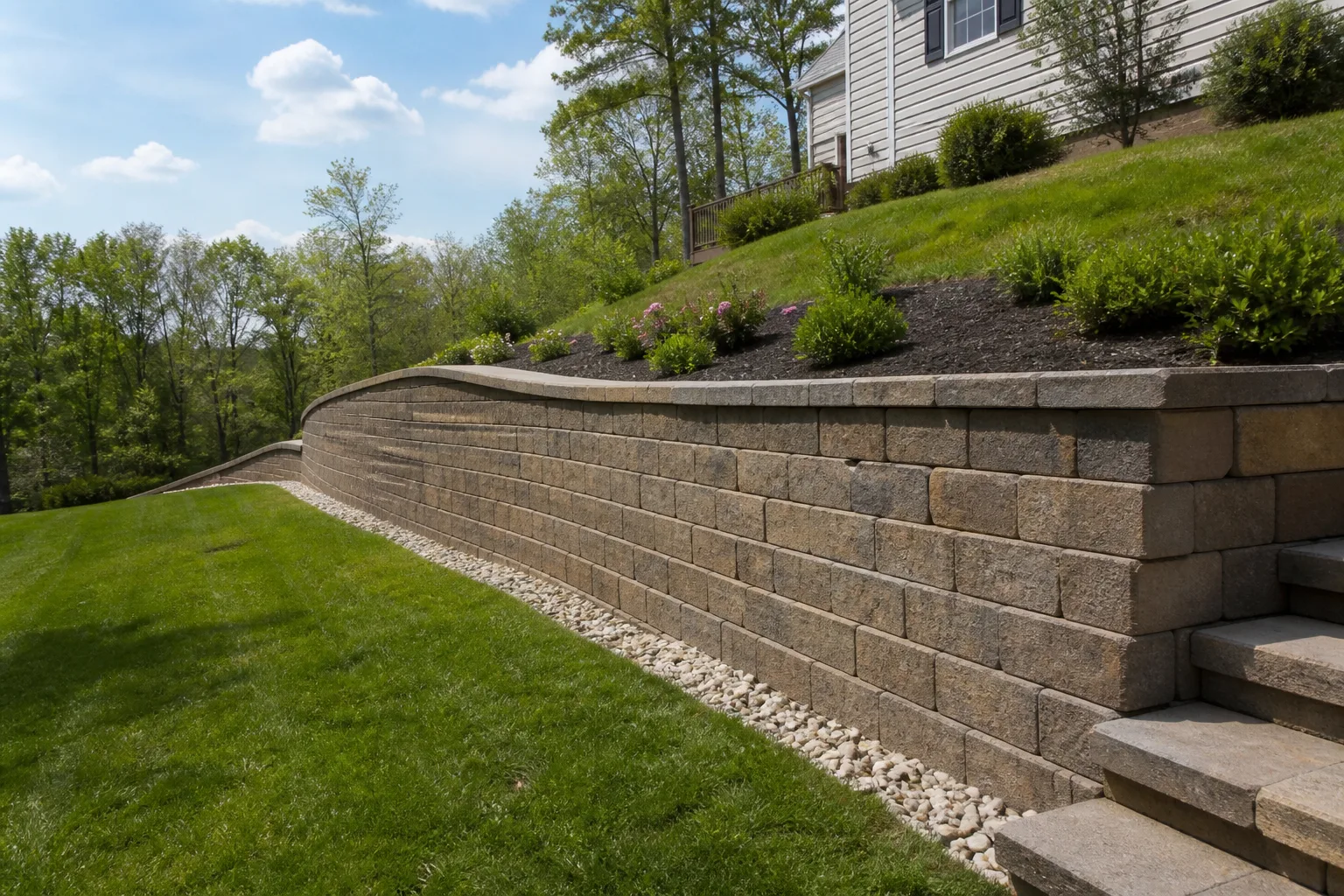 Completed retaining wall as part of a landscape construction project